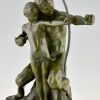 Art Deco bronze sculpture archer learning a boy to use a bow