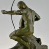 Art Deco bronze sculpture archer learning a boy to use a bow