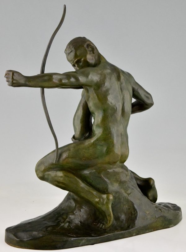 Art Deco bronze sculpture archer learning a boy to use a bow