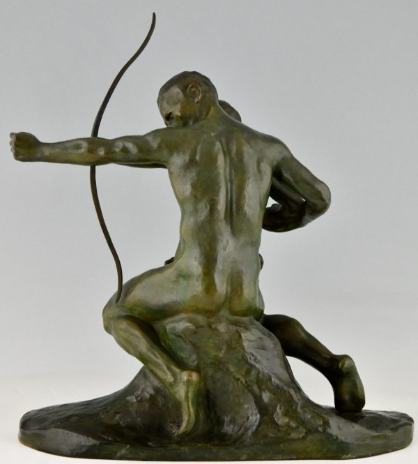 Art Deco bronze sculpture archer learning a boy to use a bow