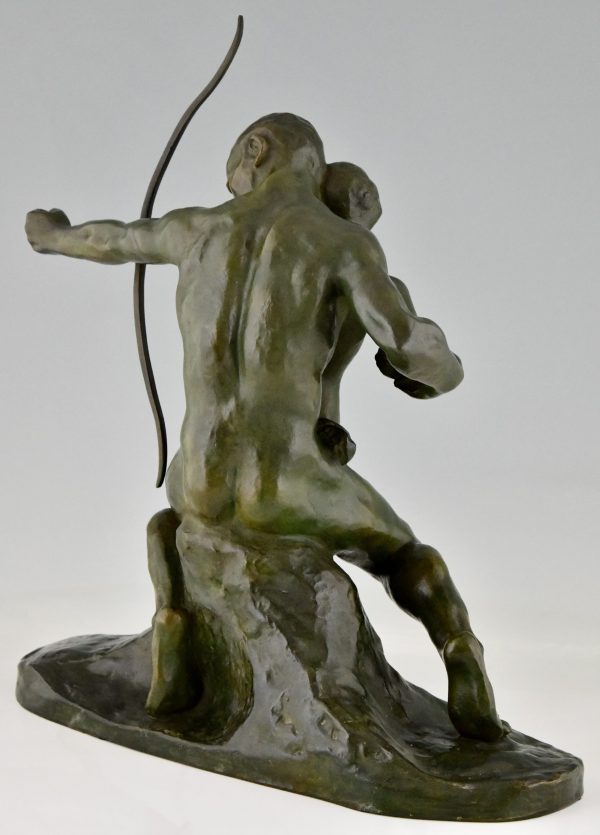 Art Deco bronze sculpture archer learning a boy to use a bow