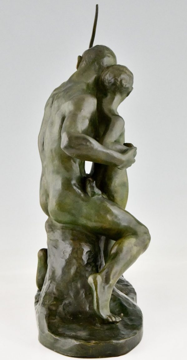 Art Deco bronze sculpture archer learning a boy to use a bow