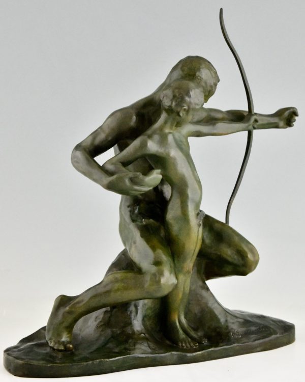 Art Deco bronze sculpture archer learning a boy to use a bow