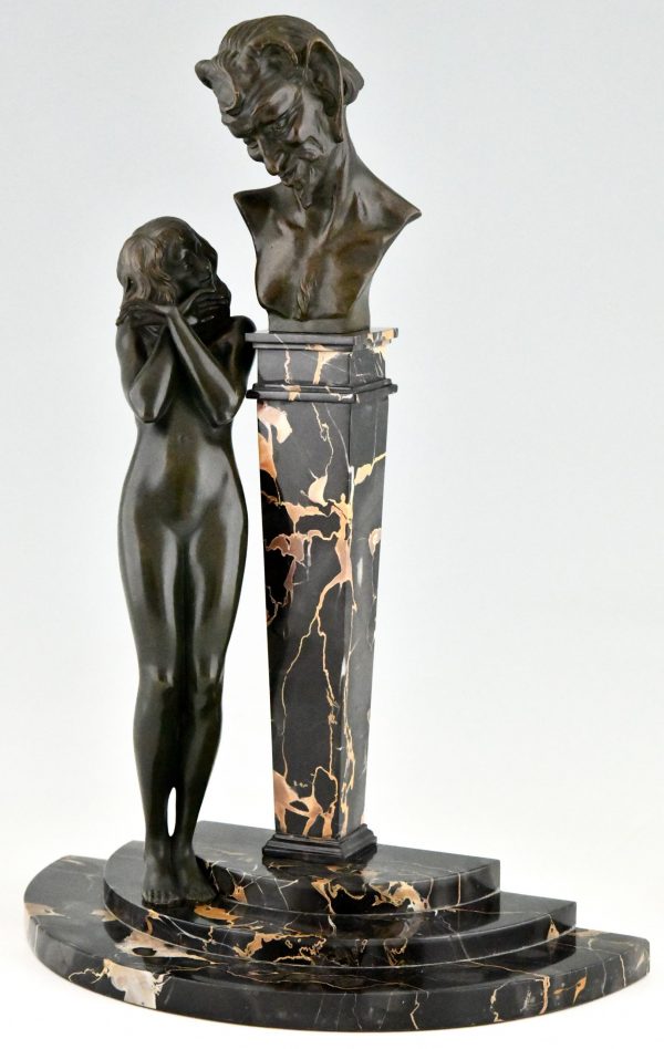 Art Deco bronzen sculptuur naakt met sater