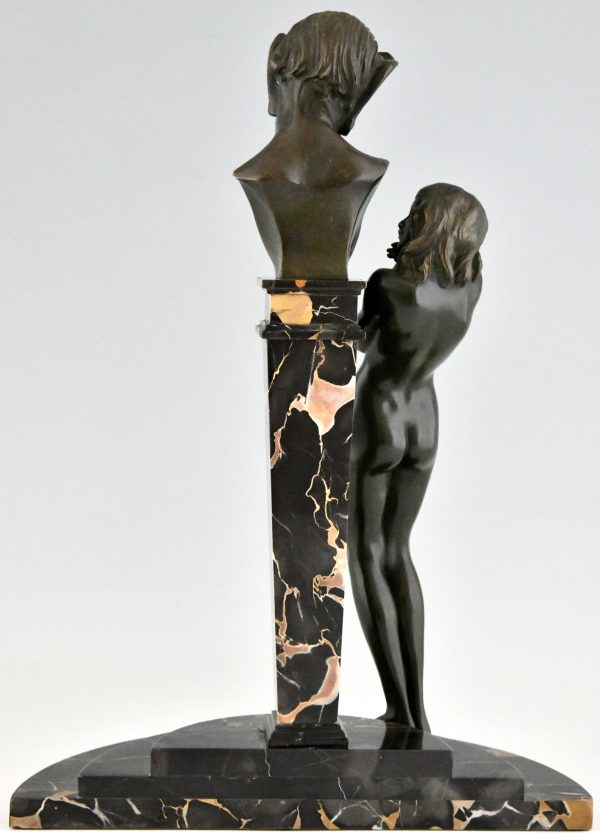 Art Deco bronzen sculptuur naakt met sater