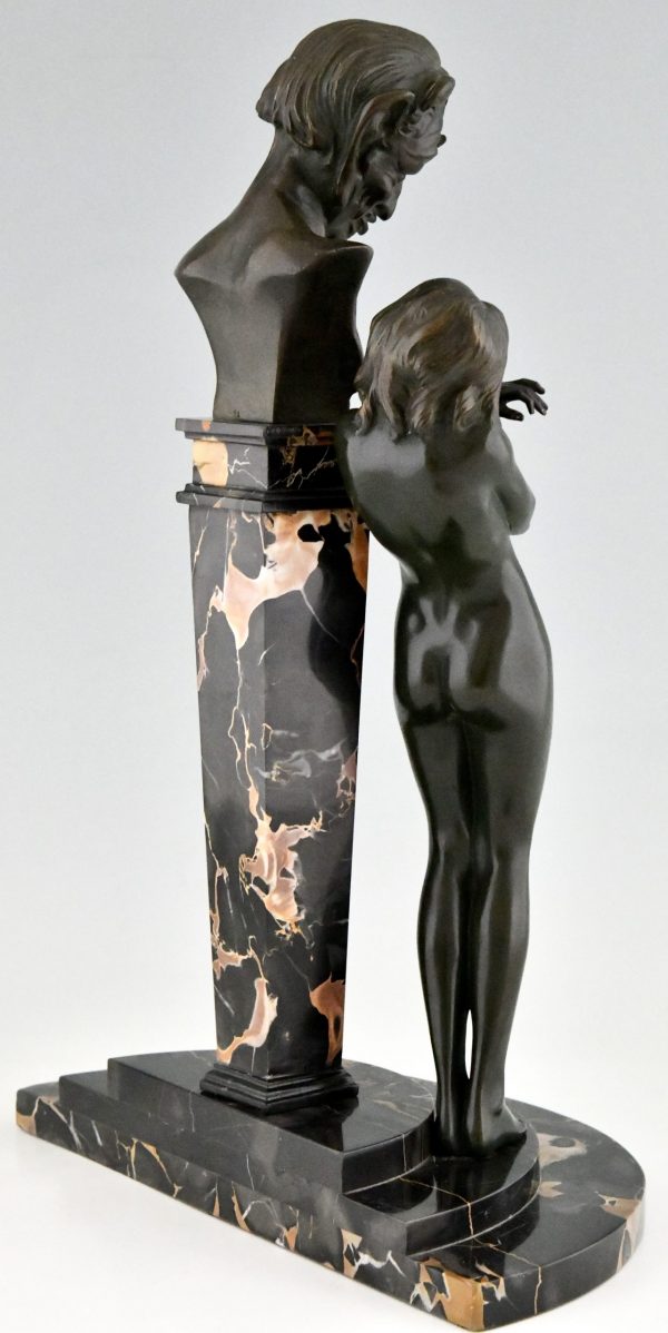 Art Deco bronze sculpture nude with satyr.