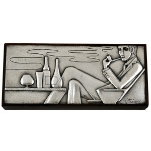 Mid century silver cigarette box with man smoking a pipe