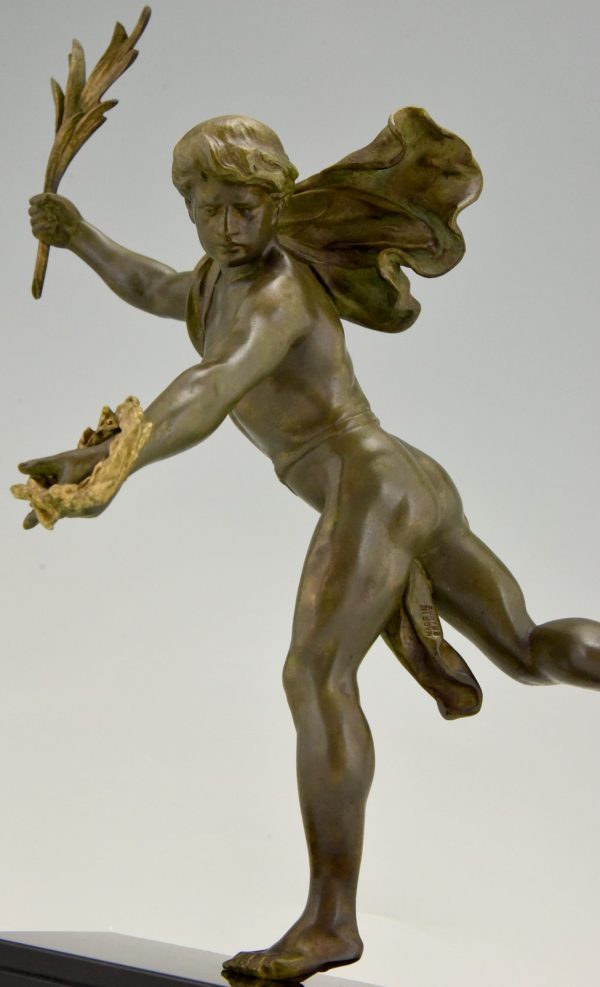 Antique sculpture of a man with laurel branch.