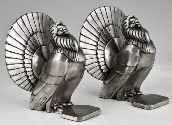 Art Deco boekensteunen met duiven verzilverd brons