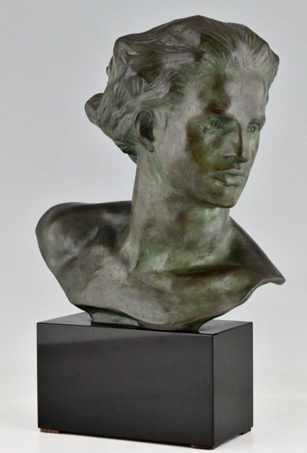 Art Deco bronze sculpture bust of a young man.