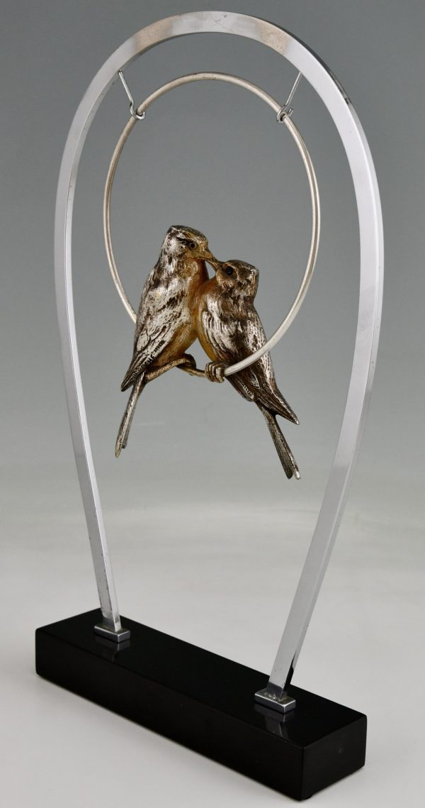 Art Deco bronze sculpture birds on a swing.