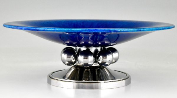 Art deco fruitschaal blauwe keramiek en chroom.