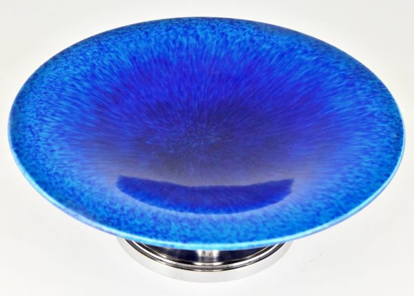 Art Deco blue ceramic and chrome fruit dish