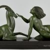 Art Deco sculptuur naakte vrouw met gazelle, Seduction.