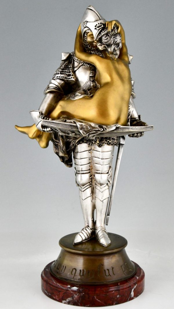 Art Nouveau bronze sculpture knight with nude Celui qui fut pris