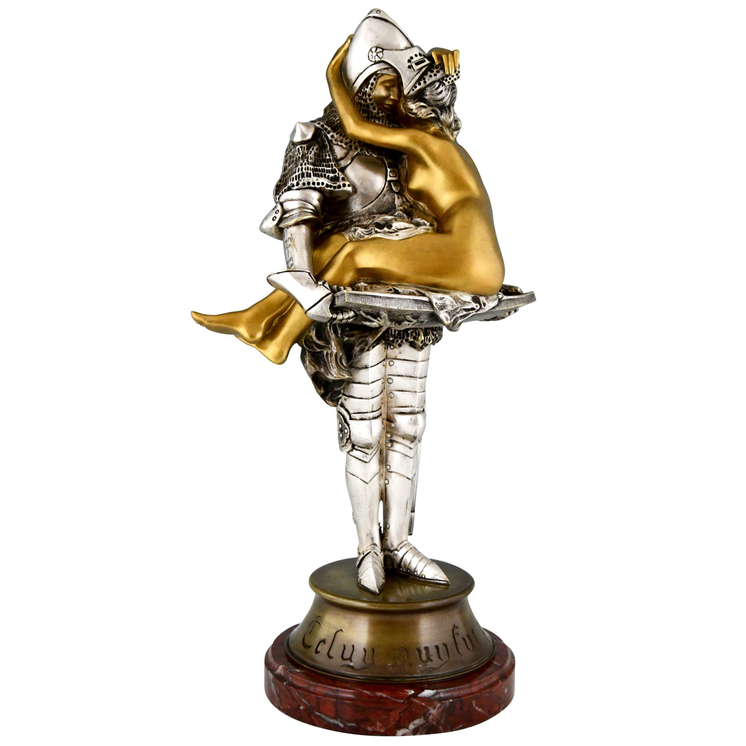 Art Nouveau bronzen sculptuur ridder met naakte vrouw