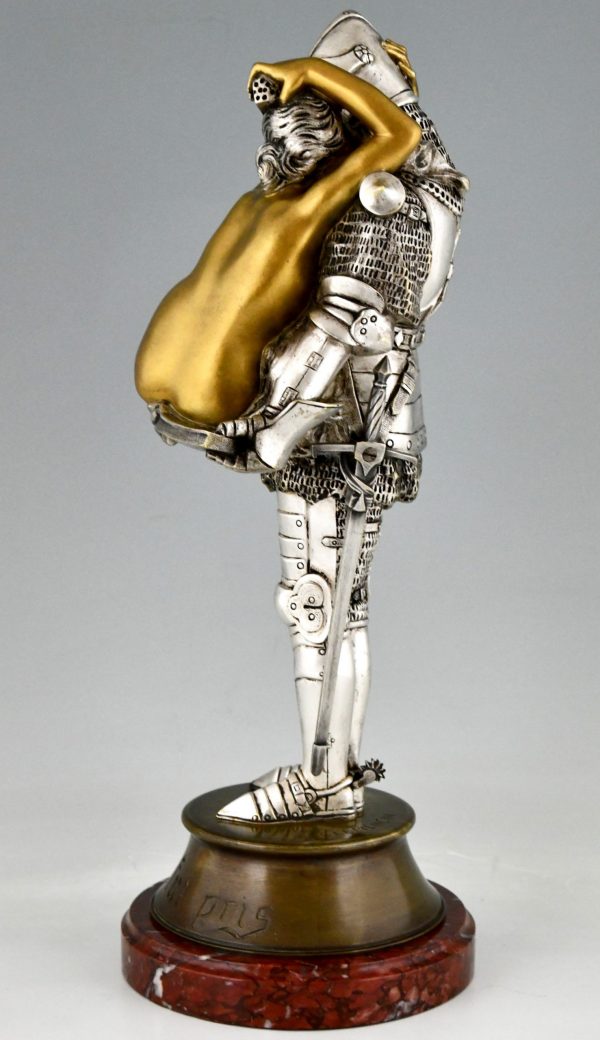 Art Nouveau bronze sculpture knight with nude Celui qui fut pris