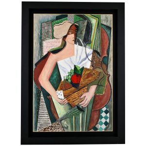 Cubist painting lady with fruit basket & violin.