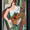 Cubist painting lady with fruit basket & violin.