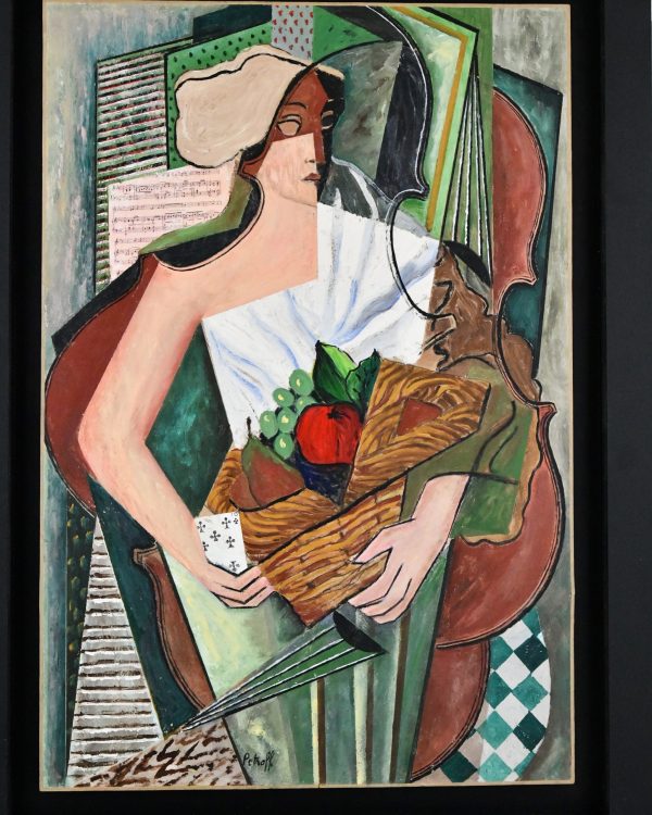 Cubist painting lady with fruit basket & violin.