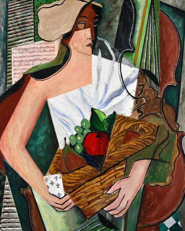 Cubist painting lady with fruit basket & violin.