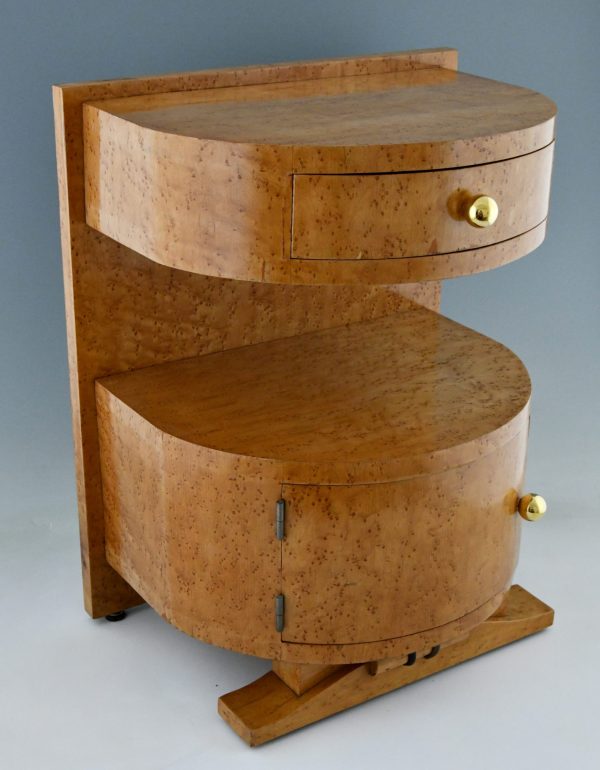 Pair of Art Deco semi circle bedside tables birdseye maple