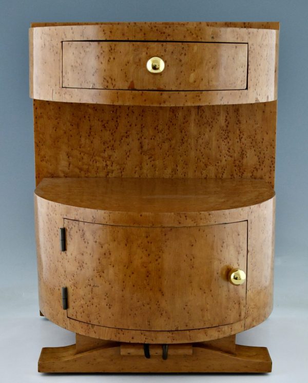 Pair of Art Deco semi circle bedside tables birdseye maple