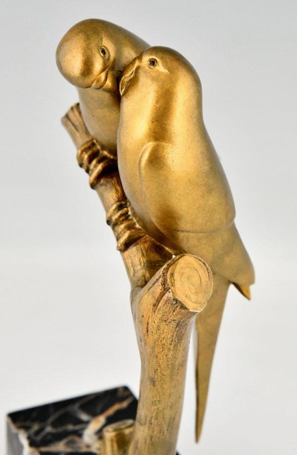 Art Deco bronze sculpture of two parakeet birds on a branch