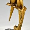 Art Deco bronze sculpture of two parakeet birds on a branch