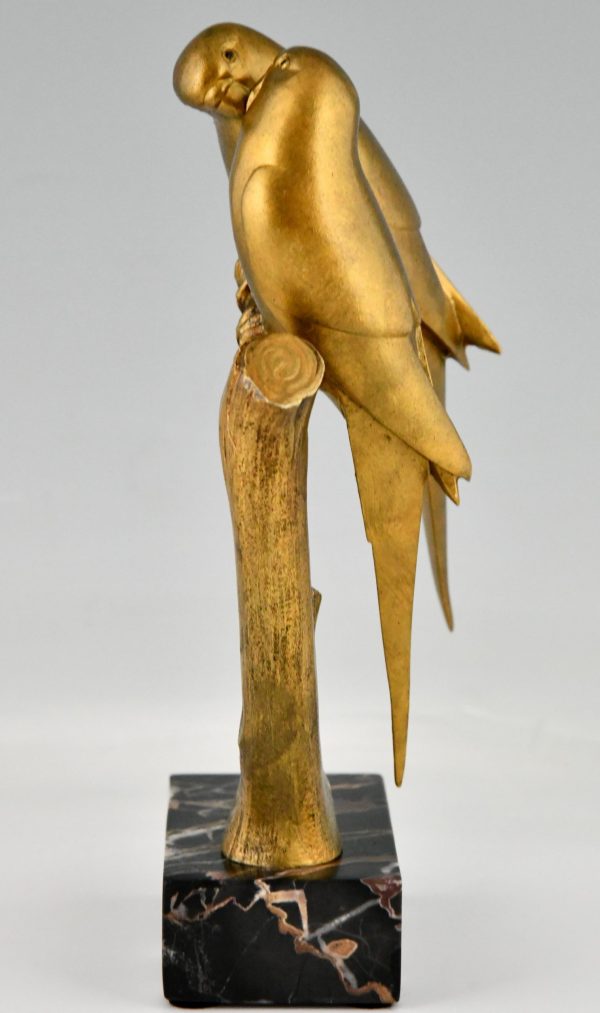 Art Deco bronze sculpture of two parakeet birds on a branch