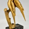 Art Deco bronze sculpture of two parakeet birds on a branch