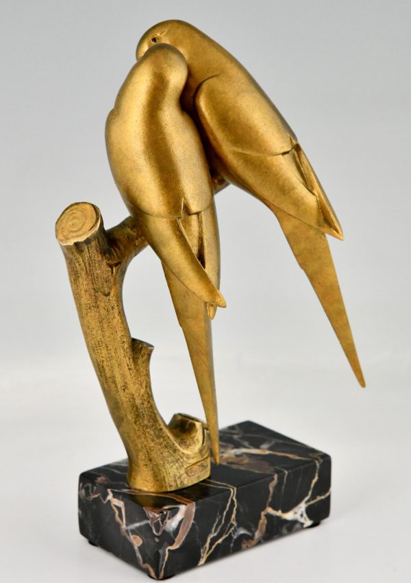 Art Deco bronze sculpture of two parakeet birds on a branch