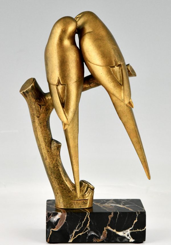 Art Deco bronze sculpture of two parakeet birds on a branch