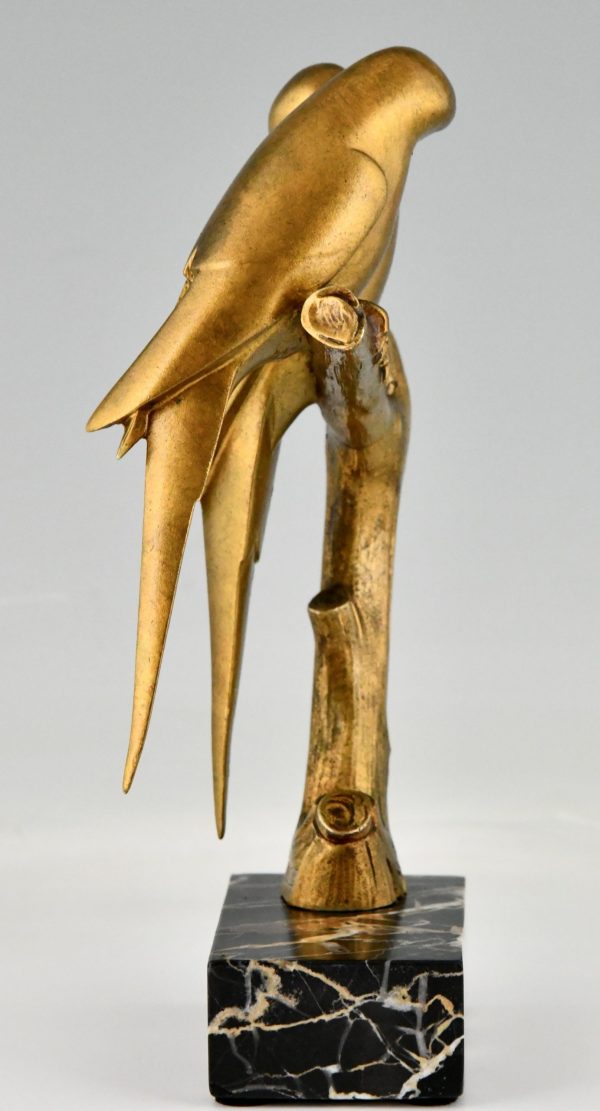 Art Deco bronze sculpture of two parakeet birds on a branch