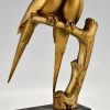 Art Deco bronze sculpture of two parakeet birds on a branch