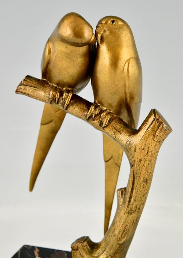 Art Deco bronze sculpture of two parakeet birds on a branch