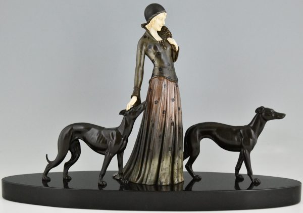 Art Deco sculpture lady with greyhound dogs