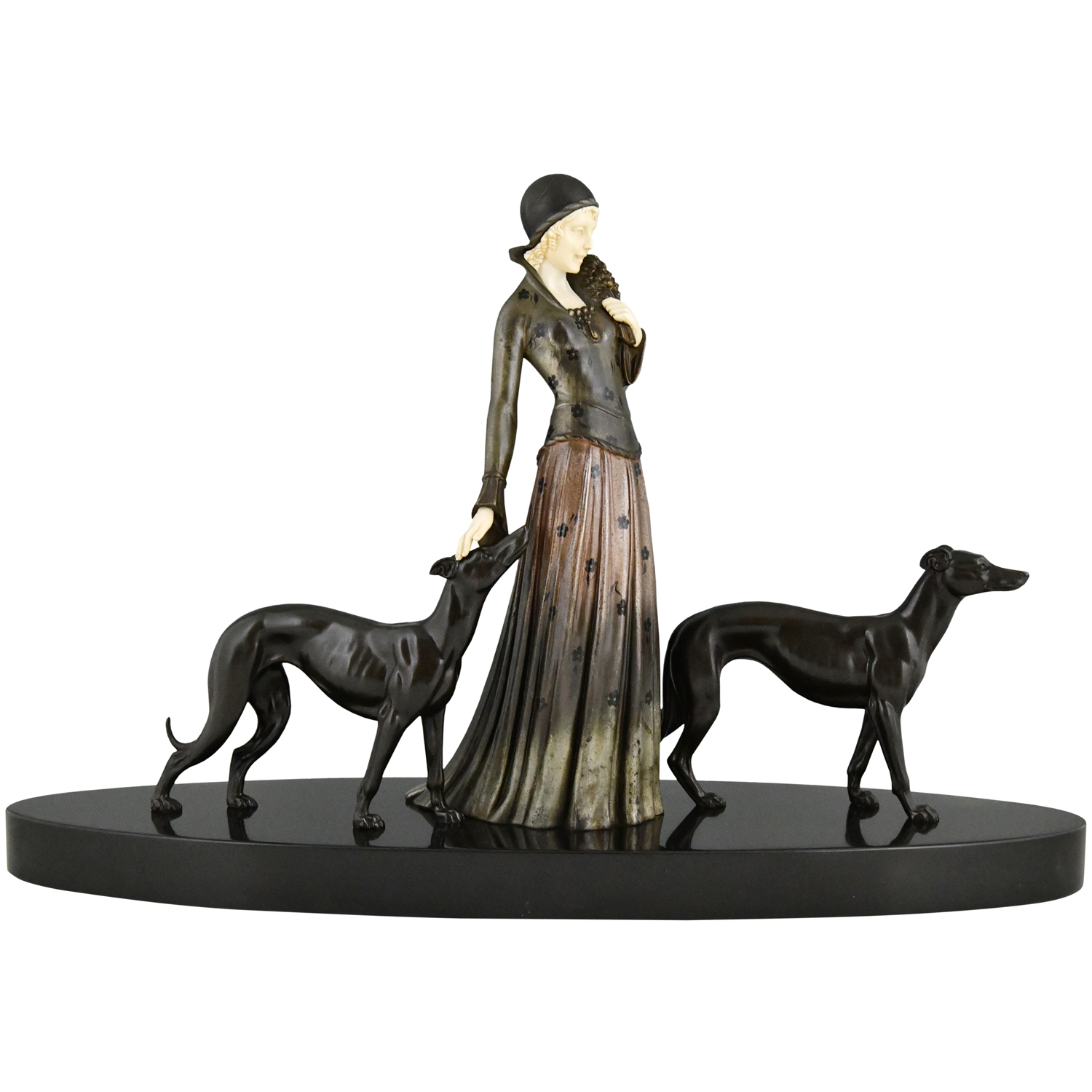Art deco sculpture lady and greyhound Chiparus