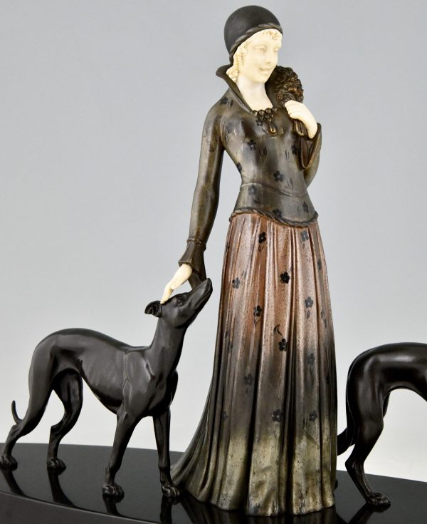 Art Deco sculpture lady with greyhound dogs