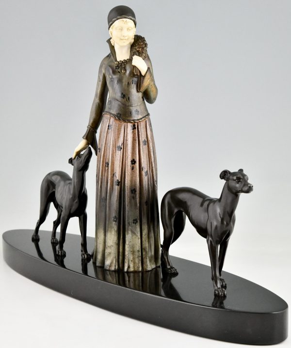 Art Deco sculpture lady with greyhound dogs