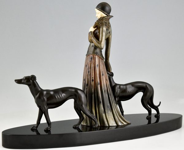 Art Deco sculpture lady with greyhound dogs