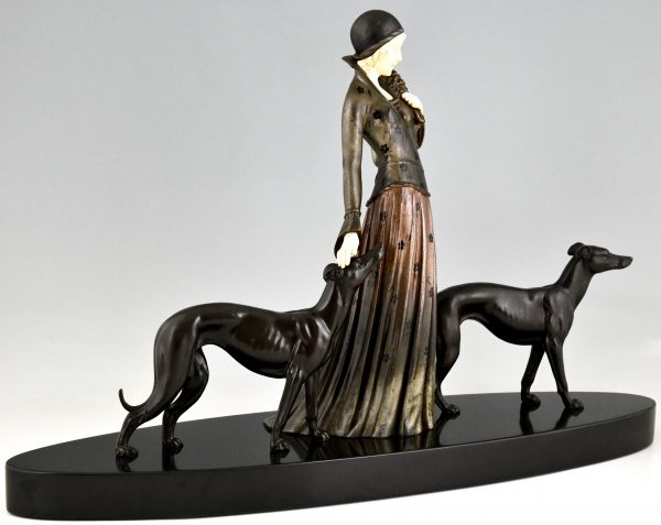 Art Deco sculpture lady with greyhound dogs