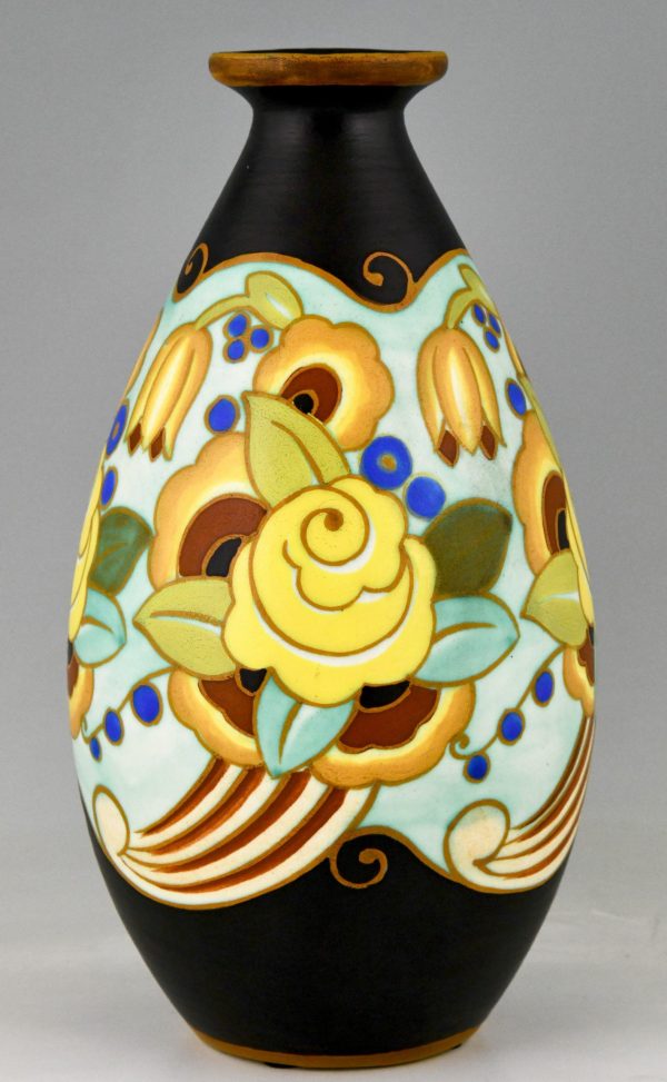 Art Deco ceramic vases with flowers.