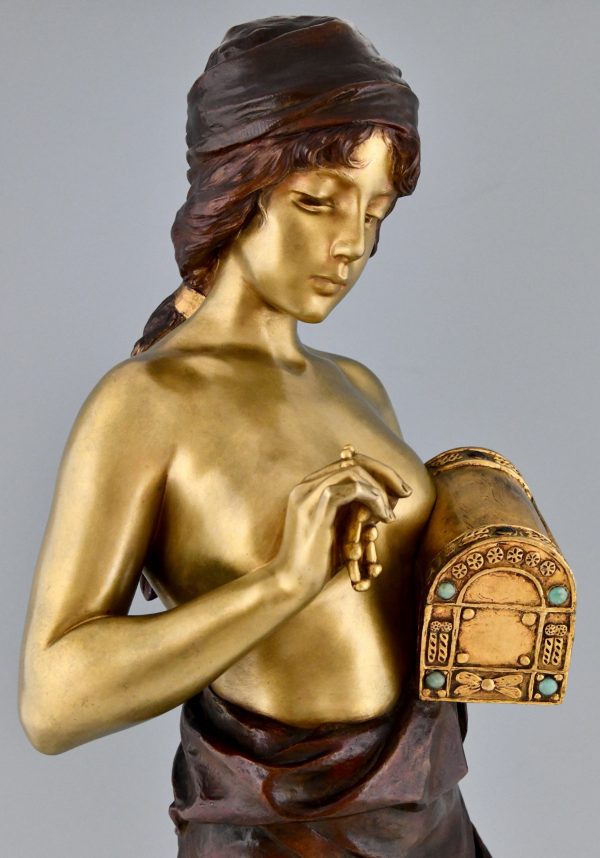 Art Nouveau bronze sculpture standing lady with jewelry casket