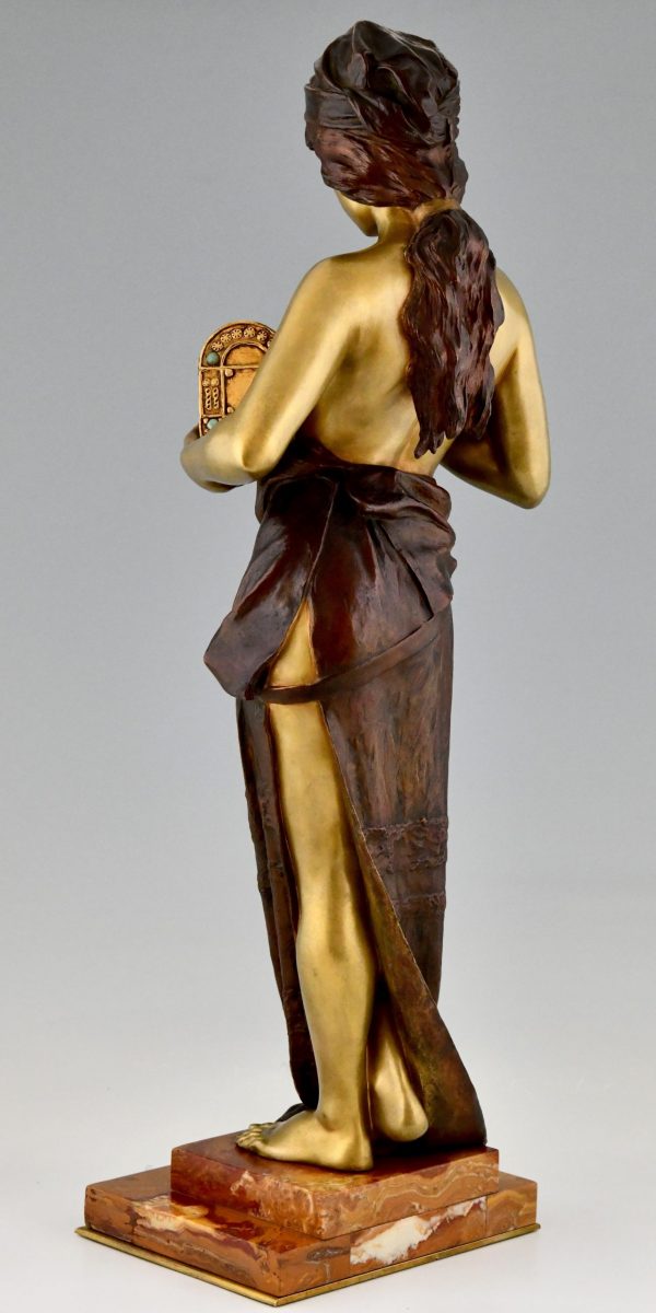 Art Nouveau bronze sculpture standing lady with jewelry casket