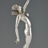 Sculpture en bronze Art deco femme nue au pigeon, message d’amour