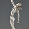 Sculpture en bronze Art deco femme nue au pigeon, message d’amour