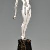 Sculpture en bronze Art deco femme nue au pigeon, message d’amour