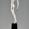 Sculpture en bronze Art deco femme nue au pigeon, message d’amour