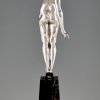 Sculpture en bronze Art deco femme nue au pigeon, message d’amour